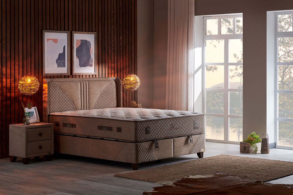 Pointhome Bambi Boxspringbett Set 180 x 200 H3, Clima Naturel, Doppelseitige Bett, 1 x Matratze, 2 x Bettkasten, 1 x Bettkopfteil