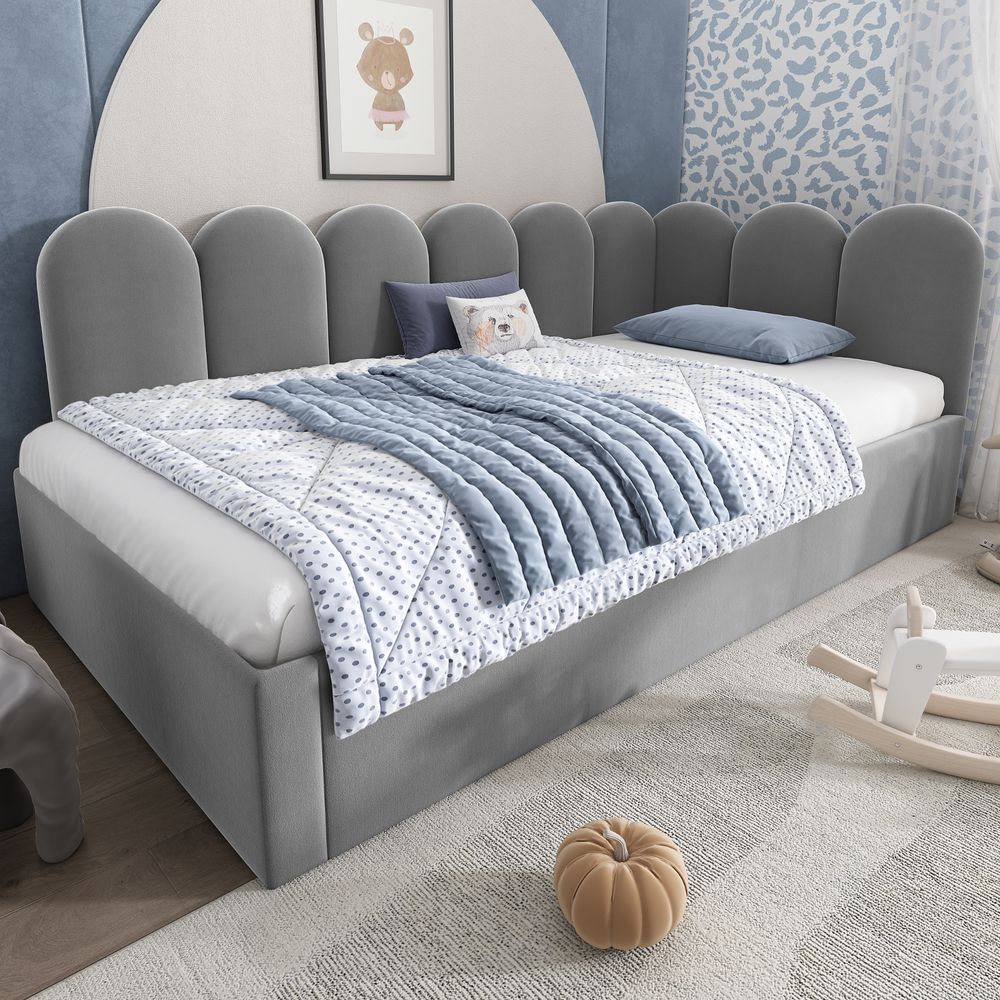 Merax Polsterbett 90x200 cm mit Ausziehbett, Tagesbett Kinderbett mit Samtbezug & Gitterdesign – Inkl. Rollbett (90x190 cm), ohne Matratze, Grau