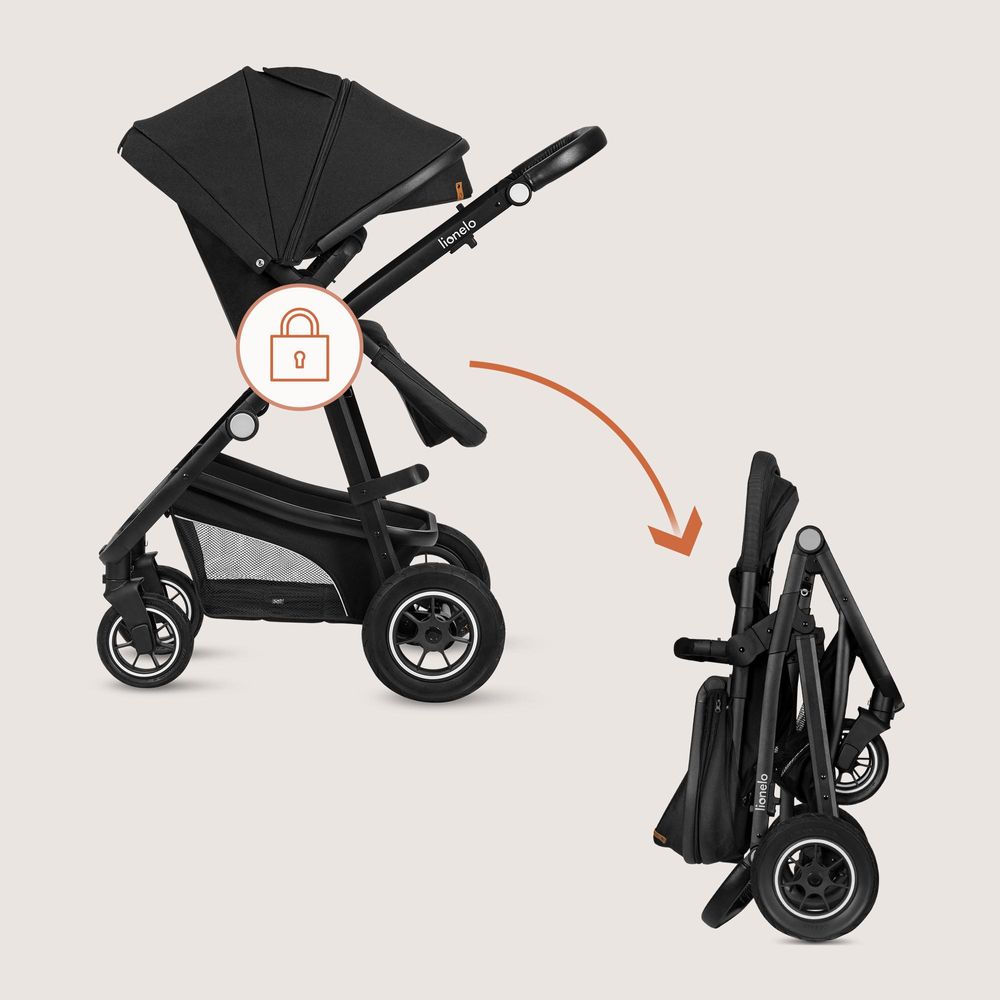 Lionelo Bianka 3in1 Kinderwagen, Autotransporter, Autositz, klappbar, Travel System Rückenlehne verstellbar 360o Räder Polsterung, Verdeck XXL-Schwarz