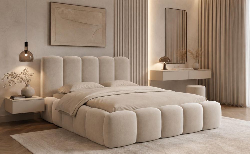 MOEBLO Polsterbett Bubble Bett 18 – Doppelbett Wolkenbett mit Riviera Samt-Velours, gepolstertem Kopfteil, Bettkasten, Gasfedermechanismus und Lattenrost - 180x200 cm - Graubeige (Riviera 24)