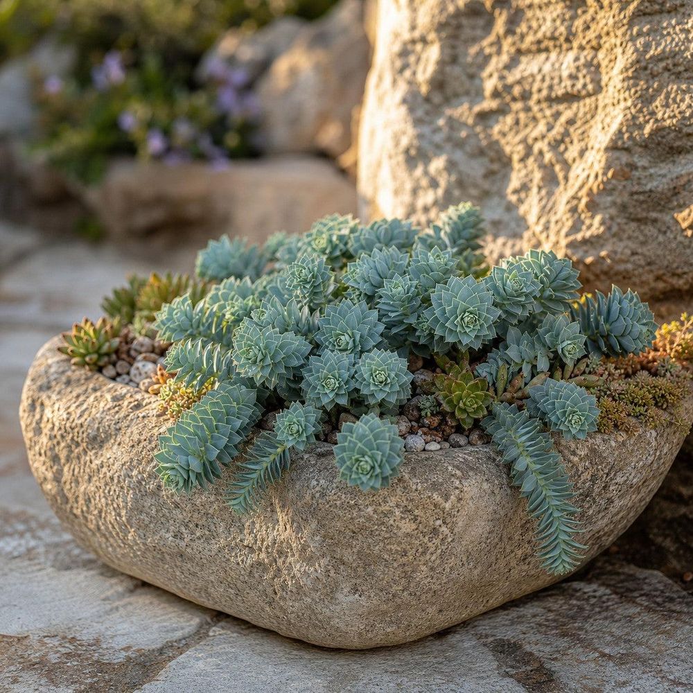 Flacher Steintrog mit Euphorbia und kleinen Sedum-Rosetten auf Terrassentisch.