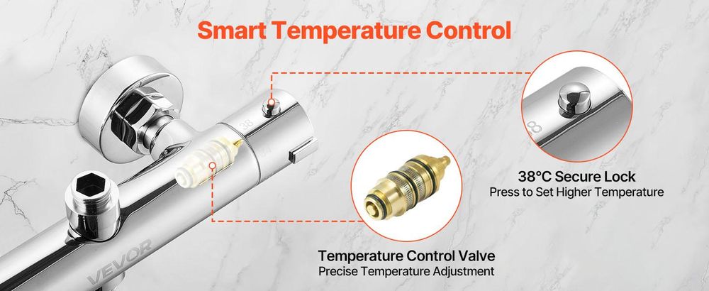 VEVOR Thermostat-Duscharmaturventil, 38℃ Sicherheitsverriegelung Thermostat-Duschventil, Warm-Kalt-Wasser-Duscharmatur Temperaturregelventile mit solider Messingguss für Badezimmer, Wohnmobil, auslaufsicher, Thermostatisches Ventil mit Schloss-b, Chrom Silber-b
