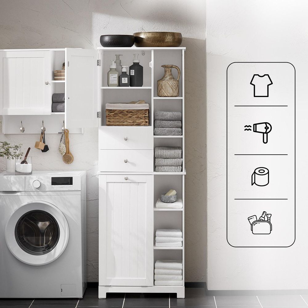SoBuy Badezimmerschrank mit Wäschekorb Schmaler Badschrank Hoch Badregal Stehend mit 6 Ablagen & 2 Schubladen Wäscheschrank Schmal für Nische BZR104-W