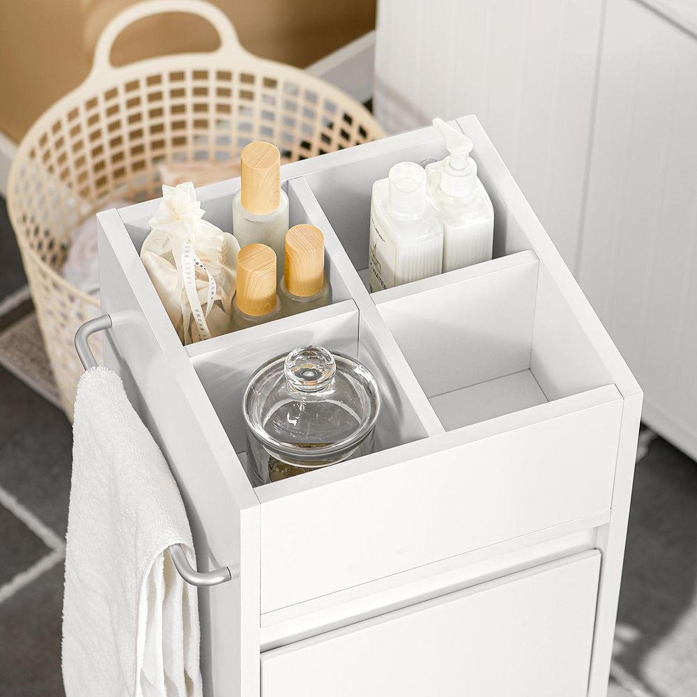 SoBuy Badezimmerschrank – Schmaler Badschrank mit 3 Schubladen, 4 Fächern, Handtuchhalter, Kommode – Kompakte Badmöbel in Holz Weiß 30x90x30cm BZR29-W