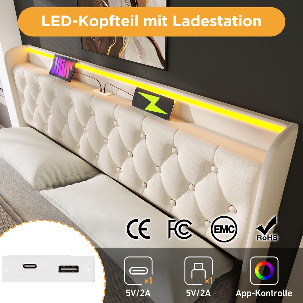 Flieks Polsterbett 180x200cm mit Ladefunktion (USB&Typ-c), Jugendbett Doppelbett Stauraumbett mit LED, Hydraulisches Boxspringbett, PU, Weiß