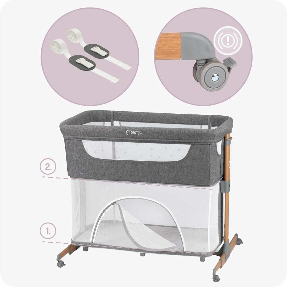 MoMi SMART BED – 4-in-1 Beistellbett & Reisebett, höhenverstellbar mit Neigefunktion, inkl. Matratze & Moskitonetz – Grau