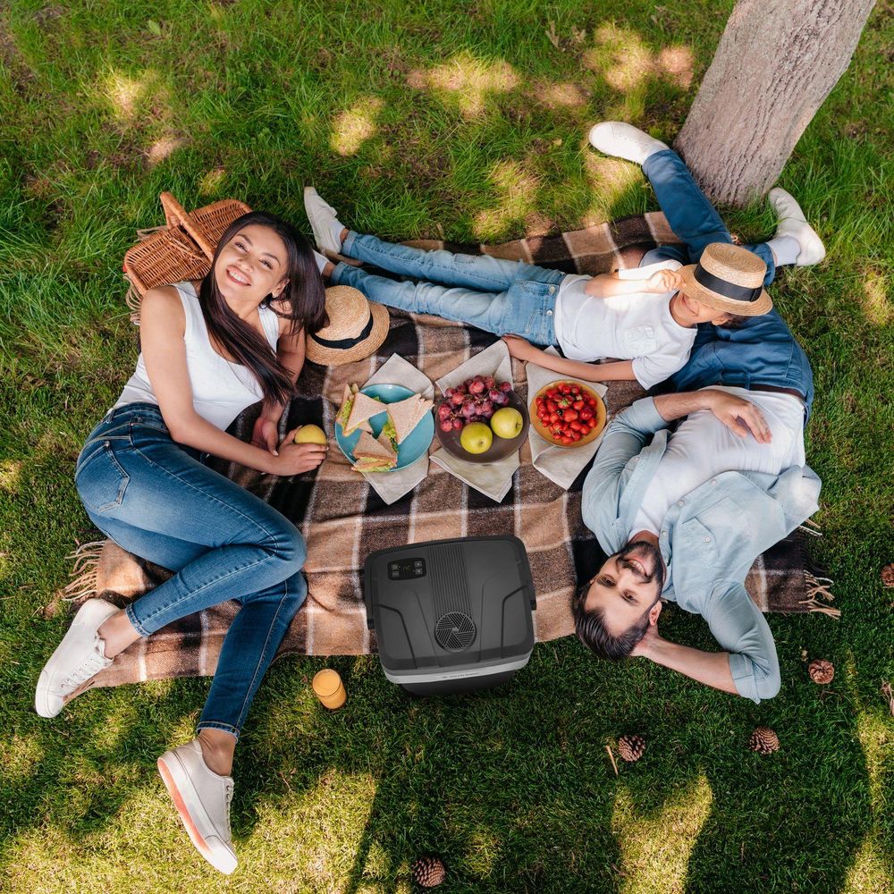 Familie beim Picknick im Park mit einer Kühlbox