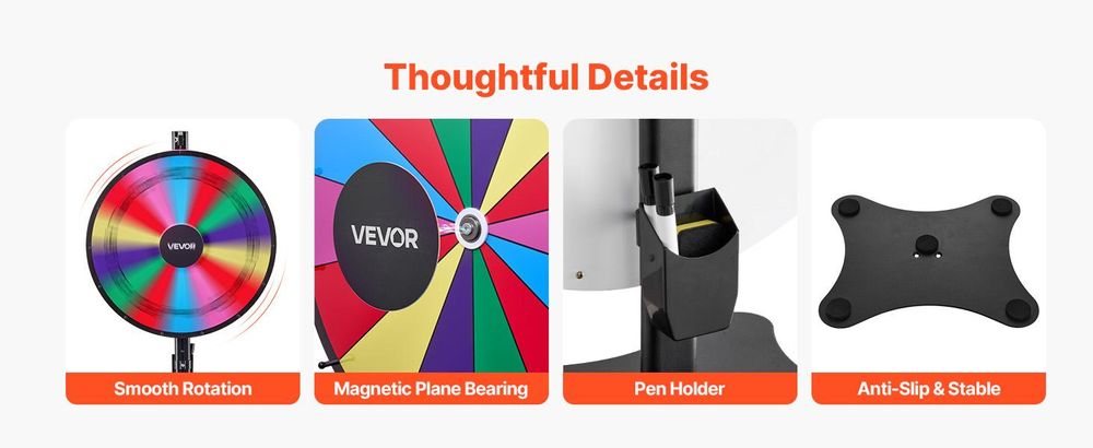 VEVOR 610 mm Drehpreisrad, 14 Slots Drehrad mit Ständer, höhenverstellbares Gewinnroulette mit einem abwischbaren Stift und 2 Markern, 6 Farben, einfache Montage, für Party, Pub, Messe, Karneval, 14, 610 mm