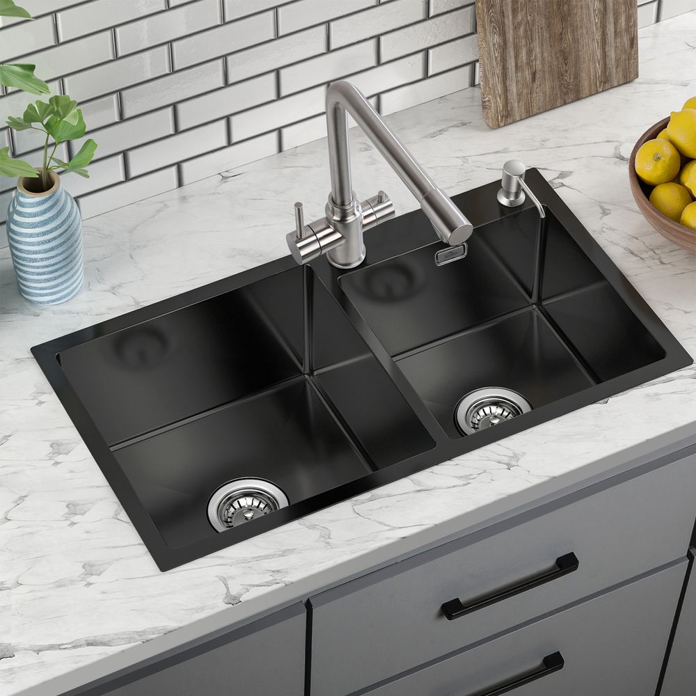 Auralum Küchenspüle 2 Schalen 75 x 45 CM Spülbecken 2 Becken Waschbecken Unterbauwaschbecken Edelstahl 304 Spüle aus gebürstetem Edelstahl mit Siphon und Überlauf, Dunkelgrau