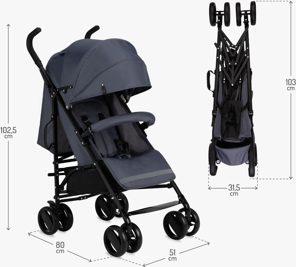 MoMi AKIRA Buggy Kinderwagen – Zusammenklappbar, Leicht 6,7 kg, Moskitonetz, Regenschutz, Korb, Tasche – Grau