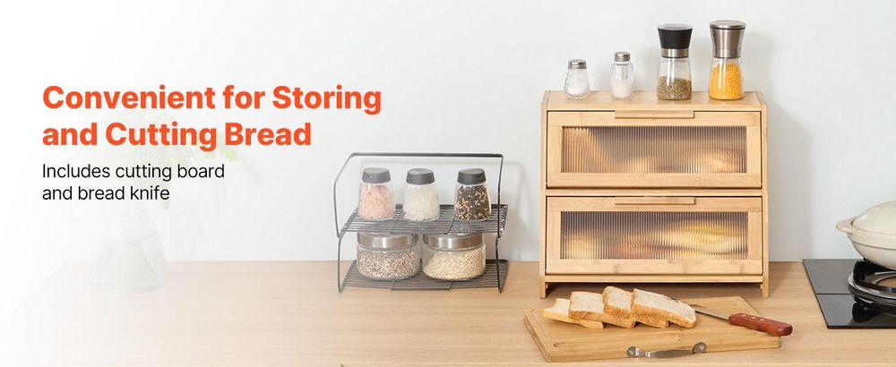 VEVOR Eck-Brotbox für die Küchenarbeitsplatte, doppelschichtige große Kapazität Bambus-Brotlagerbehälter, Bauernhaus-Holzbrotbox für hausgemachtes Brot, Aufbewahrungsbehälter mit akryl-welligem Tür, natürlich, Burlywood-a, Doppeldeck-a