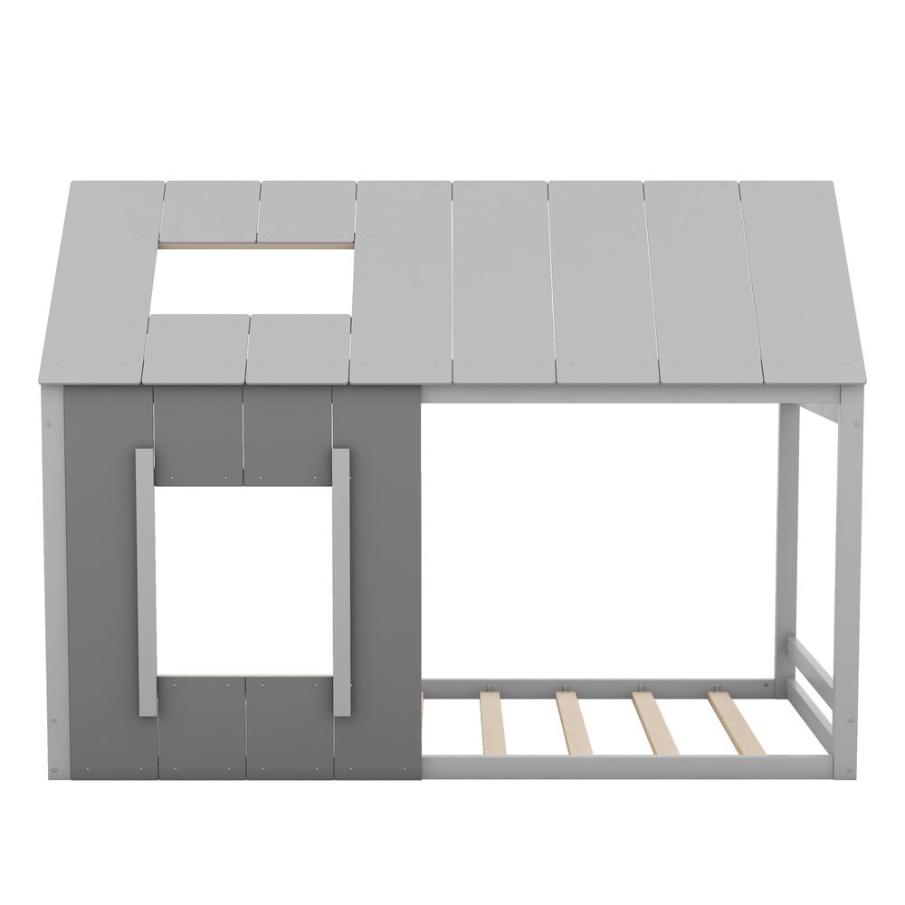 okwish 90 x 200 Kinderbett, Hausform-Kinderbett, Einfamilienhaus-Flachbett mit Dach und Fenster grau