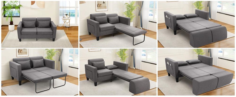 6-in-1 Multifunktions-Schlafsofa 150cm, Ausziehbares Doppelbett mit abnehmbarer Rückenlehne, Staufächern & 2 Kissen,Modernes Leinen-Futon