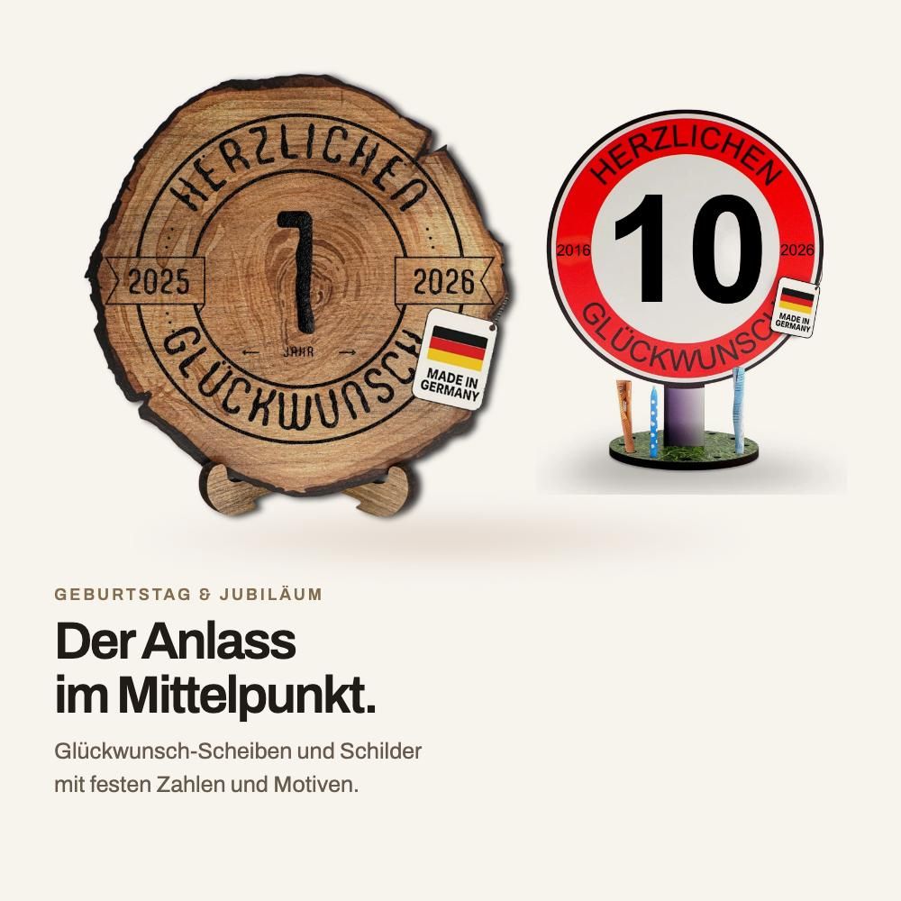 DARO Glückwunsch-Scheibe in Baumscheiben-Optik und dekoratives Geburtstagsschild