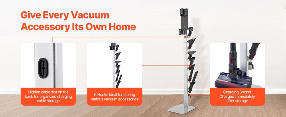 VEVOR Staubsaugerständer, Kompatibel mit Dyson V6 V7 V8 V10 V11 V15, Stabiler Staubsaugerständer mit Rädern für Dyson DC30 DC31 DC34 DC35 DC58 DC59 DC62 D74 Kabellose Bodenstaubsauger & Zubehör, Vertikales Flachrohr, 6 Haken-Silber