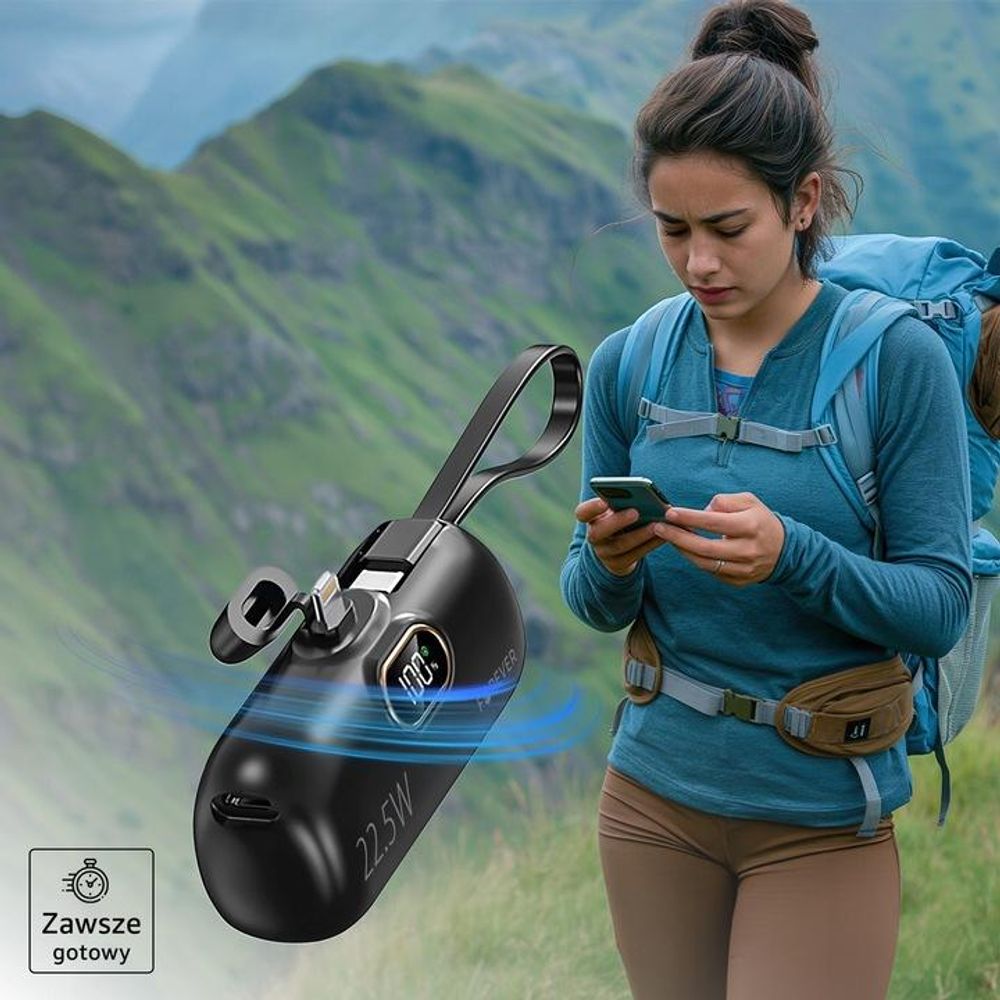 Forever, 5000mAh Powerbank Lightning Anschluss + integriertes USB-C Kabel, Schwarz
