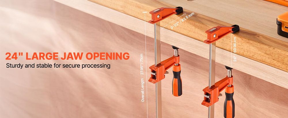 VEVOR Stangenklemmen für Holzbearbeitung 2 Stk. 60,96 cm Öffnung, feststellbare F-Klemme mit 272 kg Belastungsgrenze, 63,5 mm Tiefe, Gusseisen & Kohlenstoffstahl, einfach zu bedienen, Metallbearbeitung