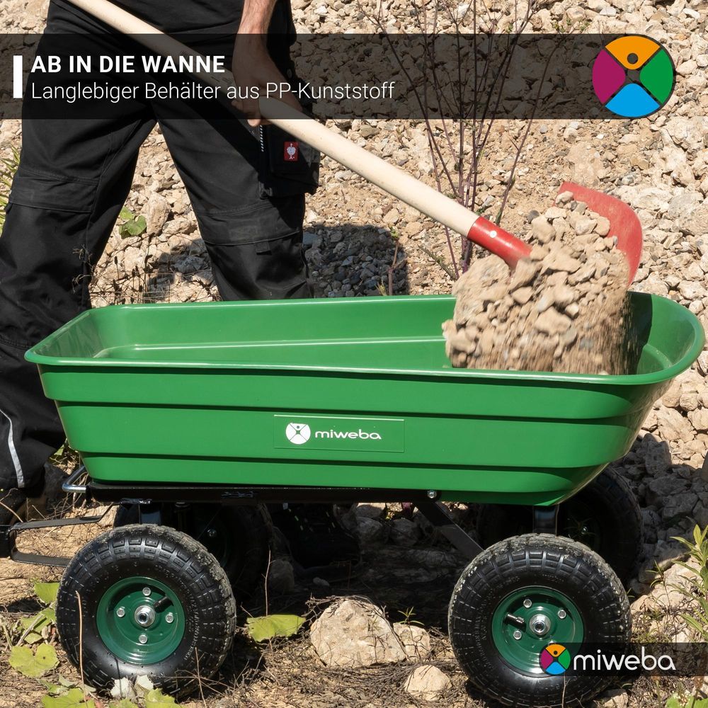 Miweba Bollerwagen Dumper | Transportwagen mit Kippfunktion - Handkarre - Schubkarre - Gerätewagen mit Kippverriegelung - bis 300 kg belastbar (Grün)