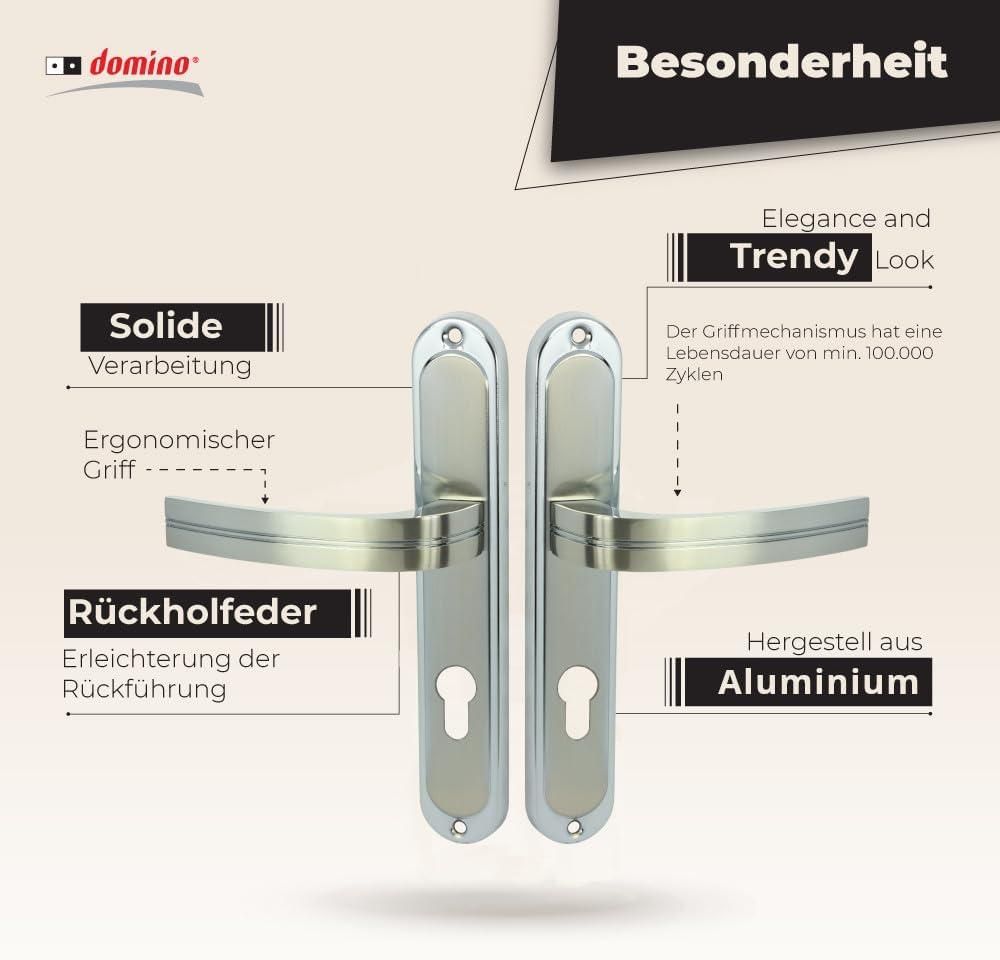 DOMINO Türgriff 72 Drückergarnitur PZ - Profilzylinder Set | Türklinke für Zimmertür, Bürotür, Kellertür & Innentür | L-Form | Türbeschläge aus Aluminiuml | Chrom Nickel Türdrückergarnitur  DEKAN M6/M9
