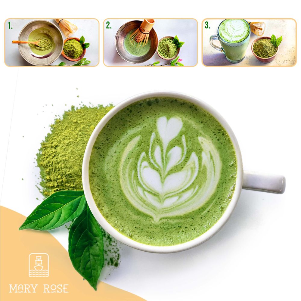 Mary Rose - Matcha Tee Set 100g - Pulver Grüner Tee - Keramik Grün Higashi Matchawan Schale 500ml, Kusenaoshi Besenhalter - Bambus Chasen Besen