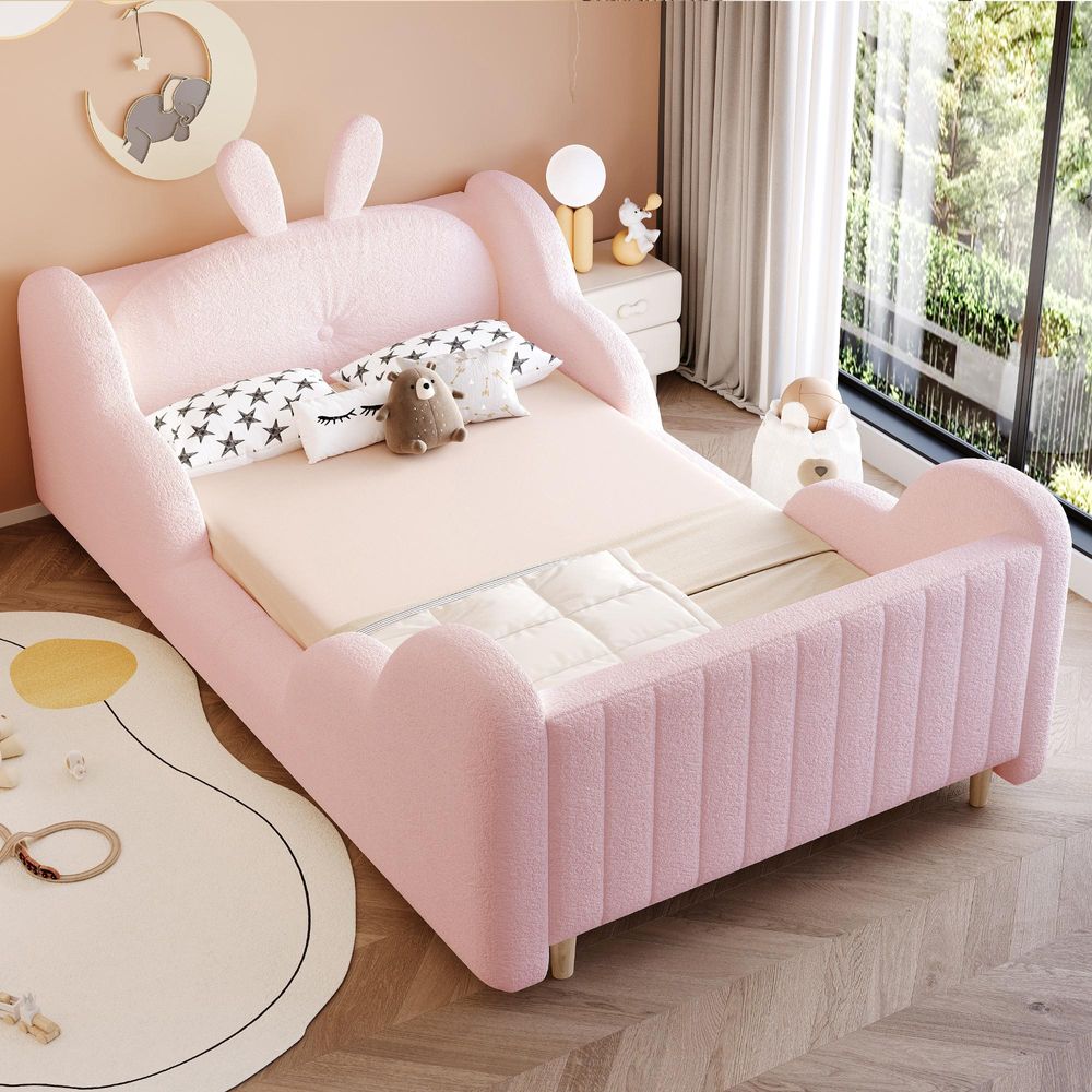 Merax Kinderbett Polsterbett 90x200cm mit Wolken-Seitenschutz, Teddy-Samt Bett mit Hasenkissen, Plattformbett Jugendbett mit Kissen in Hasenform,Rosa