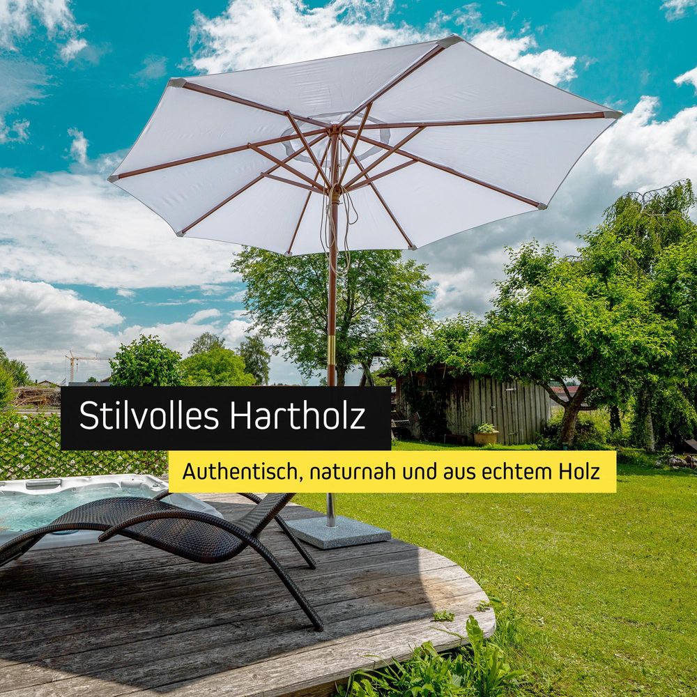 Sonnenschirm Holz 3m rund Garten knickbar UV-Schutz wasserabweisend weiß paramondo paramadera