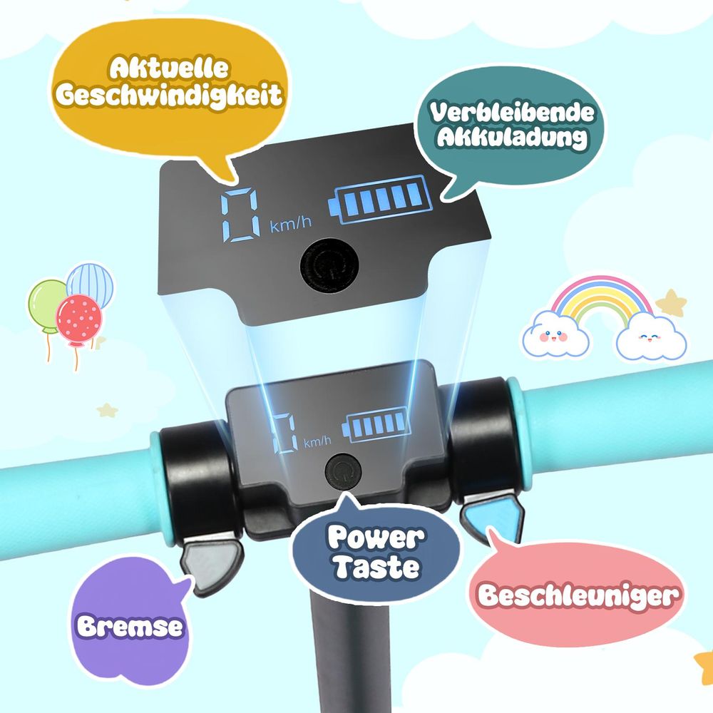 Elektroscooter Kinder Klappbar E-Scooter 14Km/h Mit LCD-Anzeige Cityroller Stoßdämpfende Funktion LED Elektroroller Himmelblau Kinderroller Für Kinder