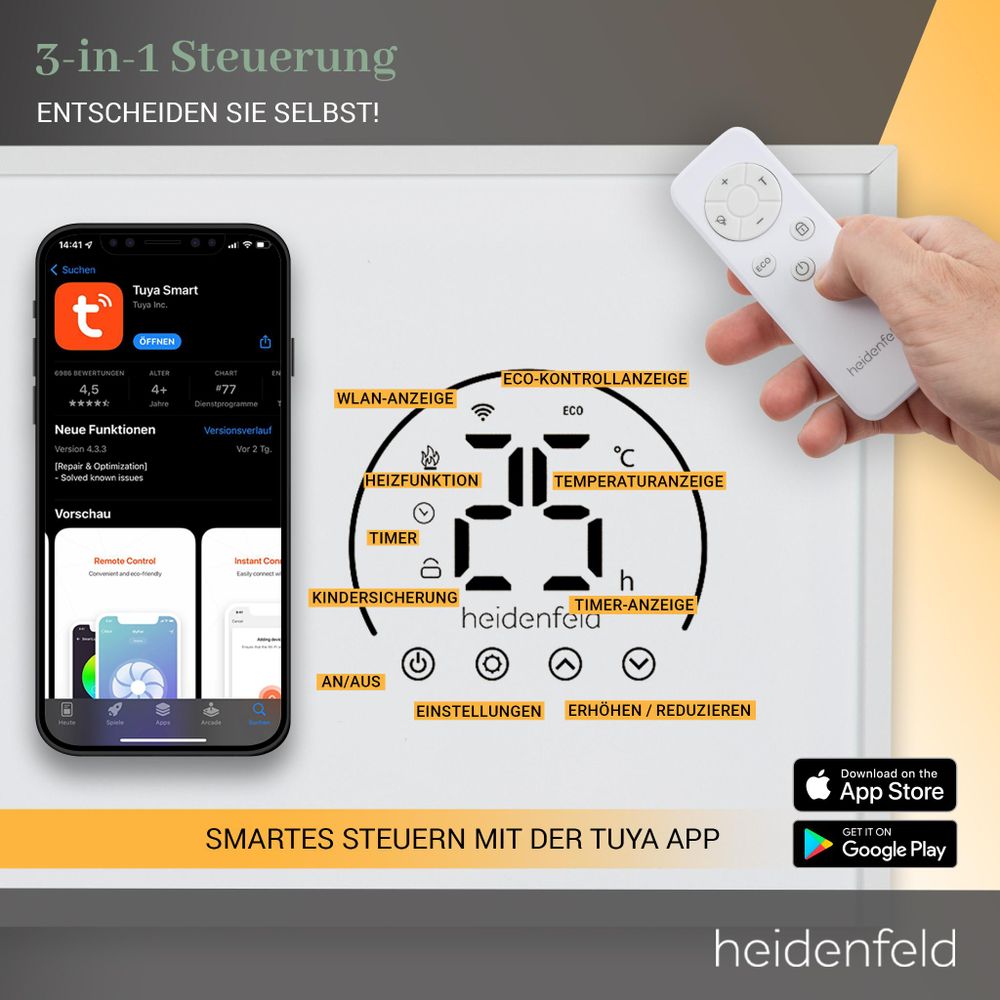 Heidenfeld Infrarotheizung HF-HP140 | Bis 15 m² - Heizkörper - Heizpaneel - Infrarot - App Steuerung - Touch Bedienfeld - Kindersicherung (500 Watt)