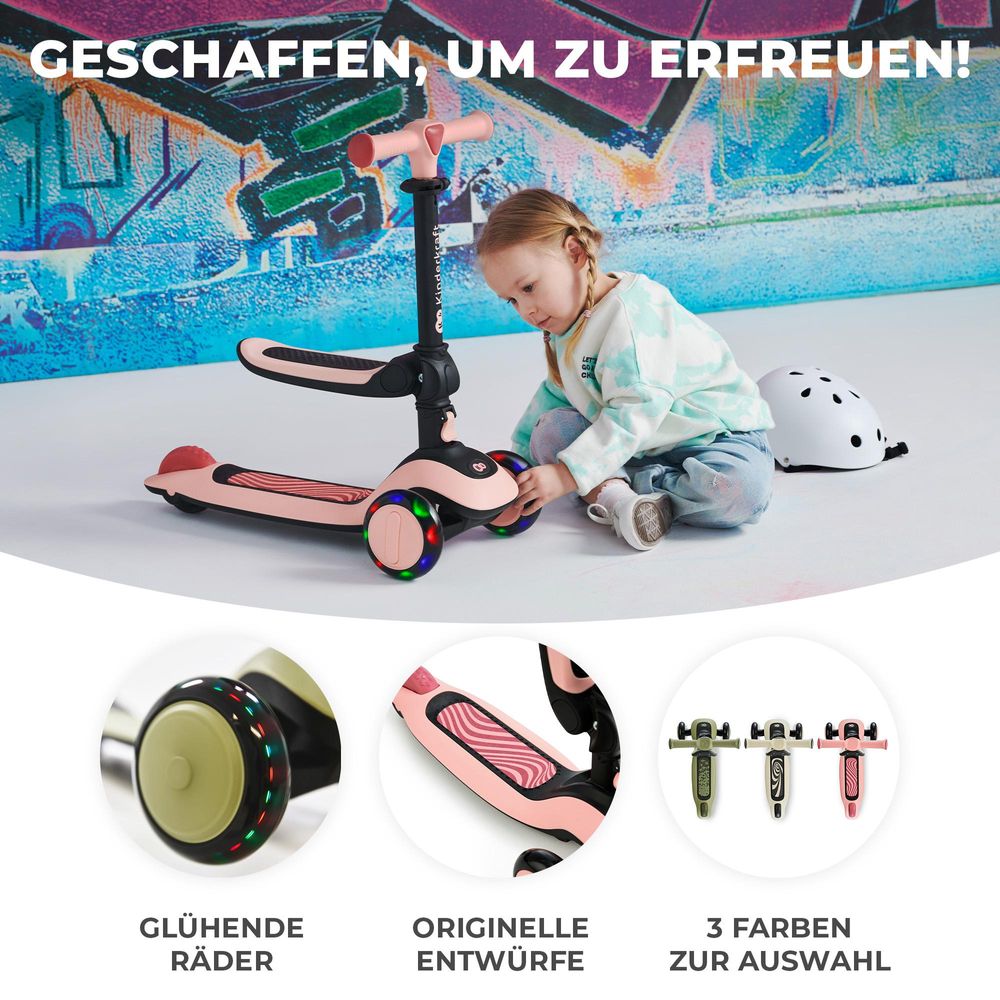 Kinderkraft HALLEY 2in1 - Laufrad & Dreirad Roller, für 1- bis 5-Jährige, leuchtende PolyurethanRäder, verstellbarer Lenker, nur 3 kg leicht - Rosa