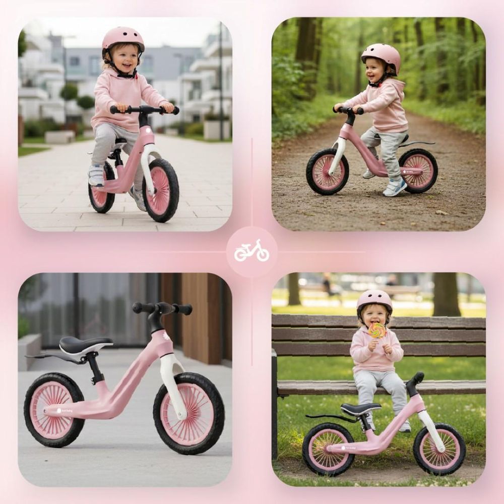 Collage de niños usando la bicicleta sin pedales Sun Baby Sport en diferentes situaciones al aire l…
