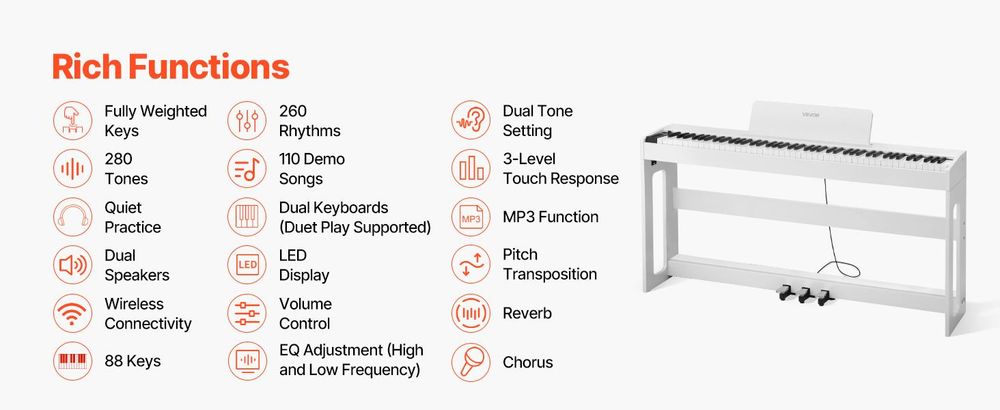 VEVOR Gewichtetes Digitalpiano, 88 Tasten vollgewichtet, E-Piano-Tastatur mit Möbelständer, Netzadapter, Dreifachpedal, Aufnahmefunktion, 280 Töne, Kabellose Verbindung, für Anfänger, Weiß