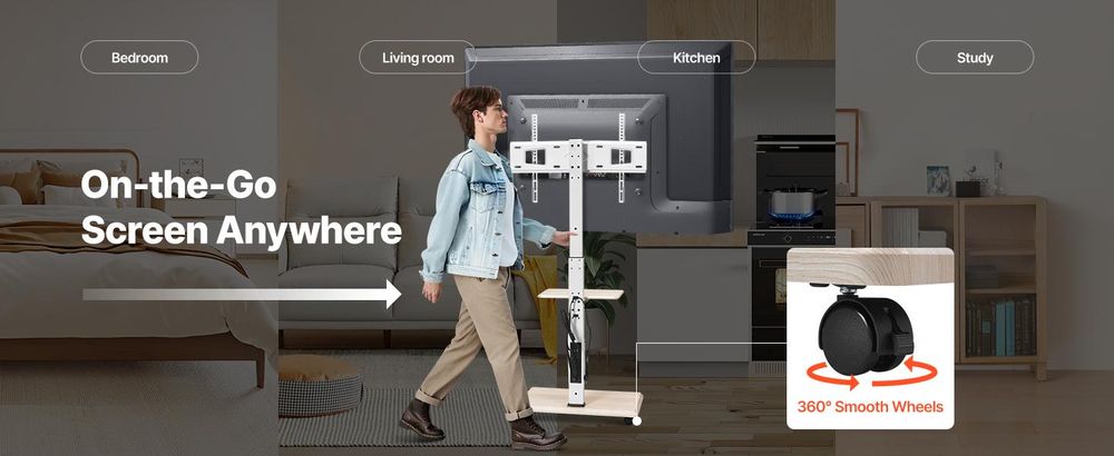 VEVOR TV-Ständer mit Rollen für 812,8–1778 mm große Fernseher bis 40 kg, 25° nach links und rechts schwenkbar und höhenverstellbarer TV-Ständer (max. 600 x 400 mm)