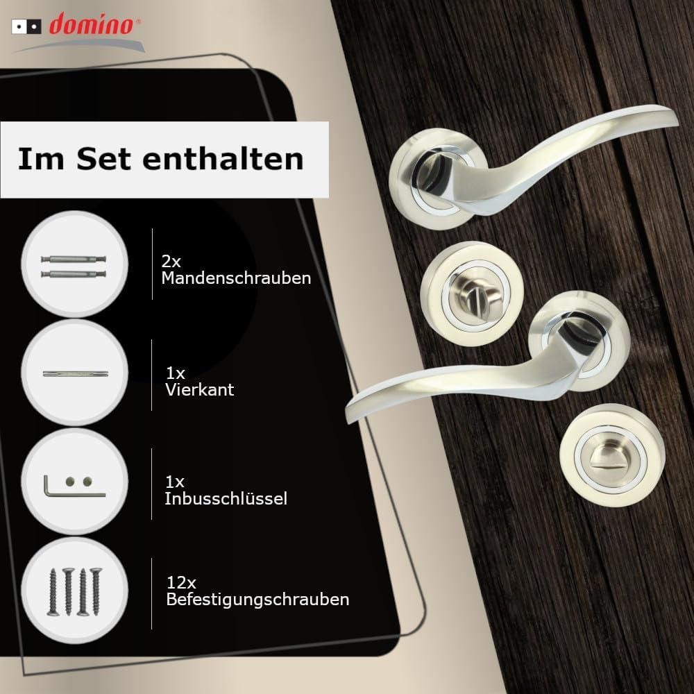 DOMINO Türgriff Drückergarnitur WC - Badezimmer Set | Rund-Rosette | Türbeschlag für Badezimmertüren | Set WC - Rosetten-Garnitur | Türklinke aus Aluminium | Chrom/Nickel Türdrückergarnitur | ENIGMA-R M6/M9