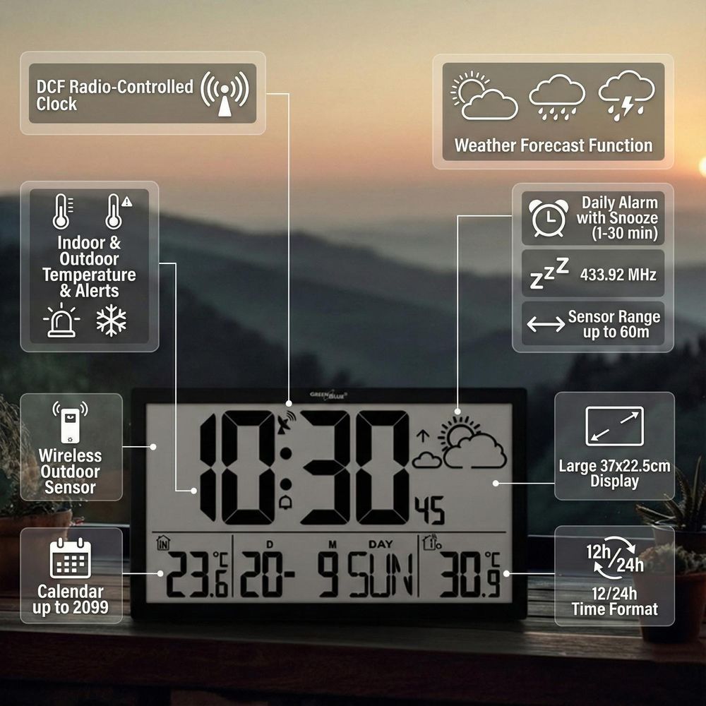 Wetterstation Digitale Wanduhr mit Außensensor, DCF-Uhr, 37x22,5cm Große Wanduhr, Alarm mit Schlummerfunktion, LCD Display, Innen und Außentemperatur,