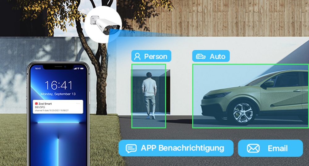 ZOSI 5MP PoE IP Überwachungskamera Aussen, 4X 5MP Kamera mit Personen-/Fahrzeugerkennung, Zusatzkamera POE NVR System, Farbnachtsicht, Zwei-Wege-Audio, C182