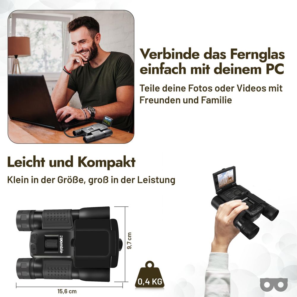 Lieferumfang: Tasche, Fernglas, Anleitung, Ladekabel, Tuch, Nackenriemen, 32-GB-Karte