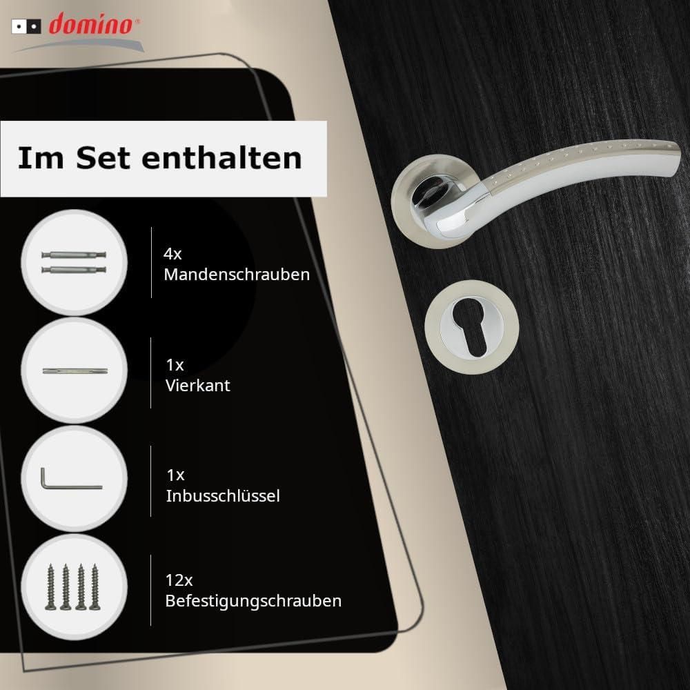 DOMINO Türgriff Drückergarnitur PZ - Profilzylinder Set | Rund-Rosette | Türklinke für Zimmertür, Bürotür, Kellertür & Innentür | Türbeschläge aus Aluminium | Chrom/Nickel Türdrückergarnitur | SHARON-R M6/M9