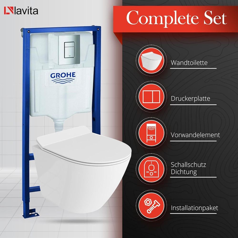GROHE Vorwandelement Solido + Wand Hänge WC Sogo Slim Weiß Spülrandlos + WC-Sitz SoftClose | Verchromter Knopf | Komplettset | Unterputz Spülkasten | Toilette Komplett Sett