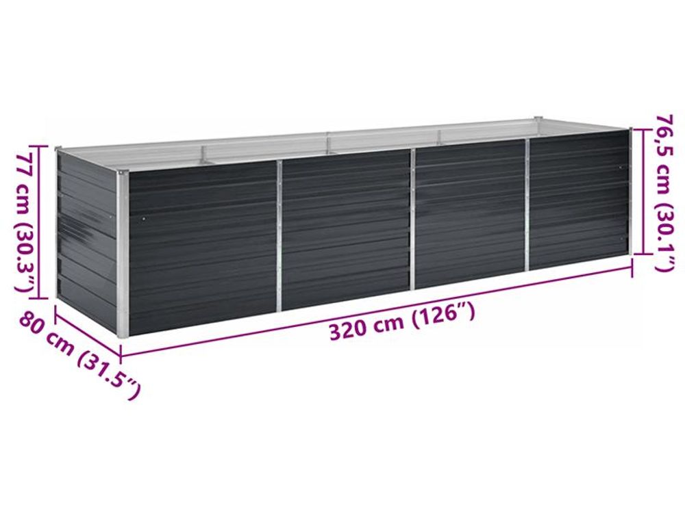 vidaXL Letto da giardino rialzato antracite 320 x 80 x 77 cm Acciaio zincato