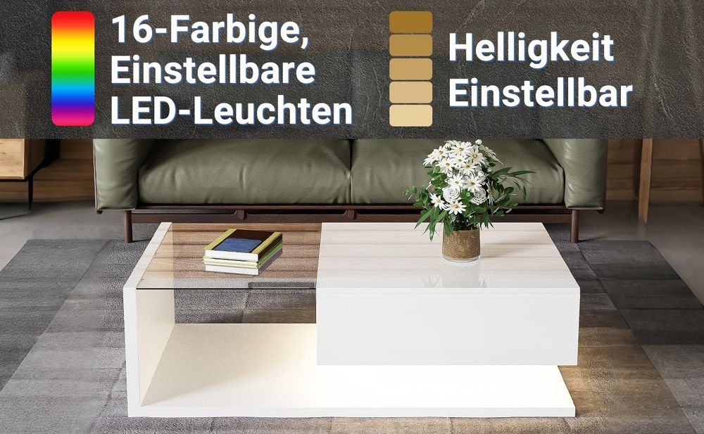 MODFU Konferenční stolek vysoký lesk se sklem a LED efektem, obdélníkový stolek do obývacího pokoje s úložným prostorem, odkládací stolek a pohovka do obývacího pokoje a ložnice, bílý