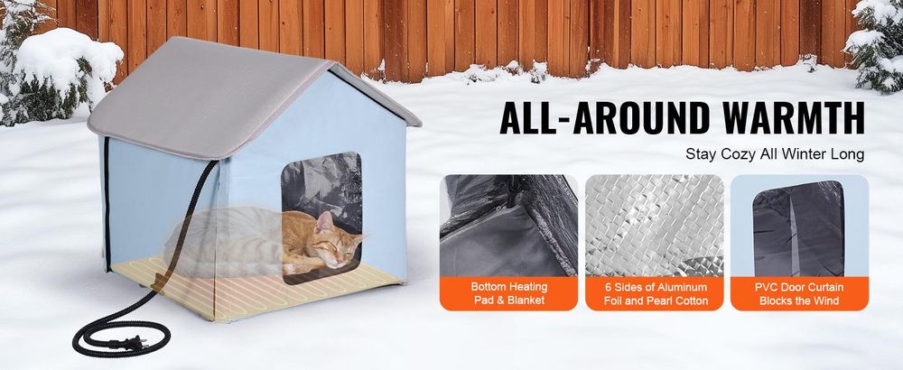 VEVOR Beheiztes Katzenhaus, Außenshelter für Katzen mit einstellbarer Temperatur und Timer, faltbares Katzenhaus aus 600D Oxford-Stoff mit beheiztem Pad für den Winter, um warm und gemütlich zu bleiben, Grün (Mittel), Blau-48x56x44 cm
