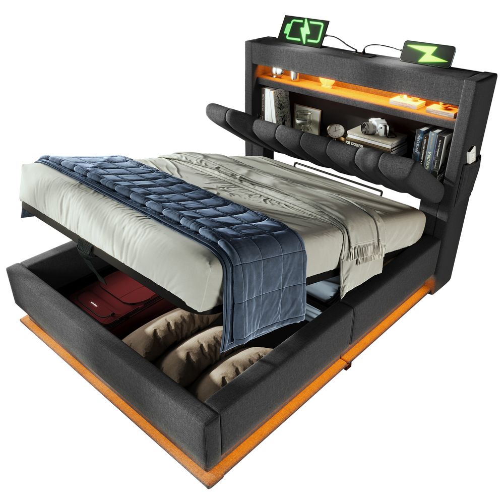 Flieks Polsterbett 90x200cm mit Ladefunktion (USB & Type-C), Einzelbett Jugendbett mit Led, Stauraumbett Boxspringbett mit Stauraum, Leinen, Grau