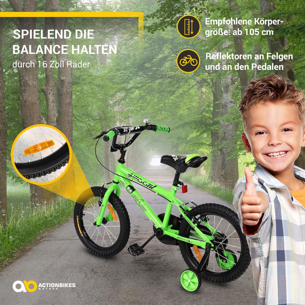 Actionbikes Kinderfahrrad Zombie 16 Zoll | Kinder Fahrrad - Mädchen & Jungen - Bicycle - V-Brake Bremsen - Schutzblech - Stützräder - 4-7 Jahre (Grün)