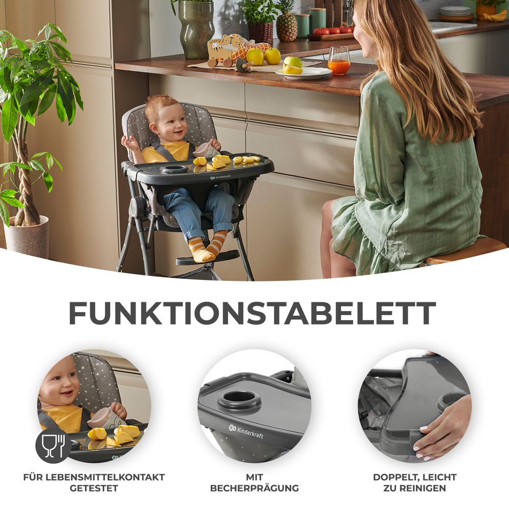 Kinderkraft FOLDEE - zusammenklappbarer Kinderhochstuhl - verstellbar - 3 Rückenlehnenpositionen - kompaktes Design - ab 6 Monate - Grau