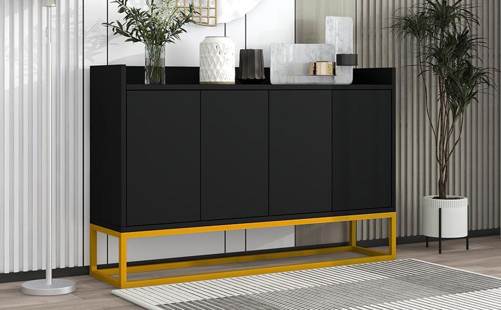 Merax Kommode Sideboard mit 4 Türen und verstellbaren Ablagen, goldenen Metallrahmen und Push-to-Open Funktion, Wohnzimmerschränke Massivholz Anrichte, 120*30*80 cm