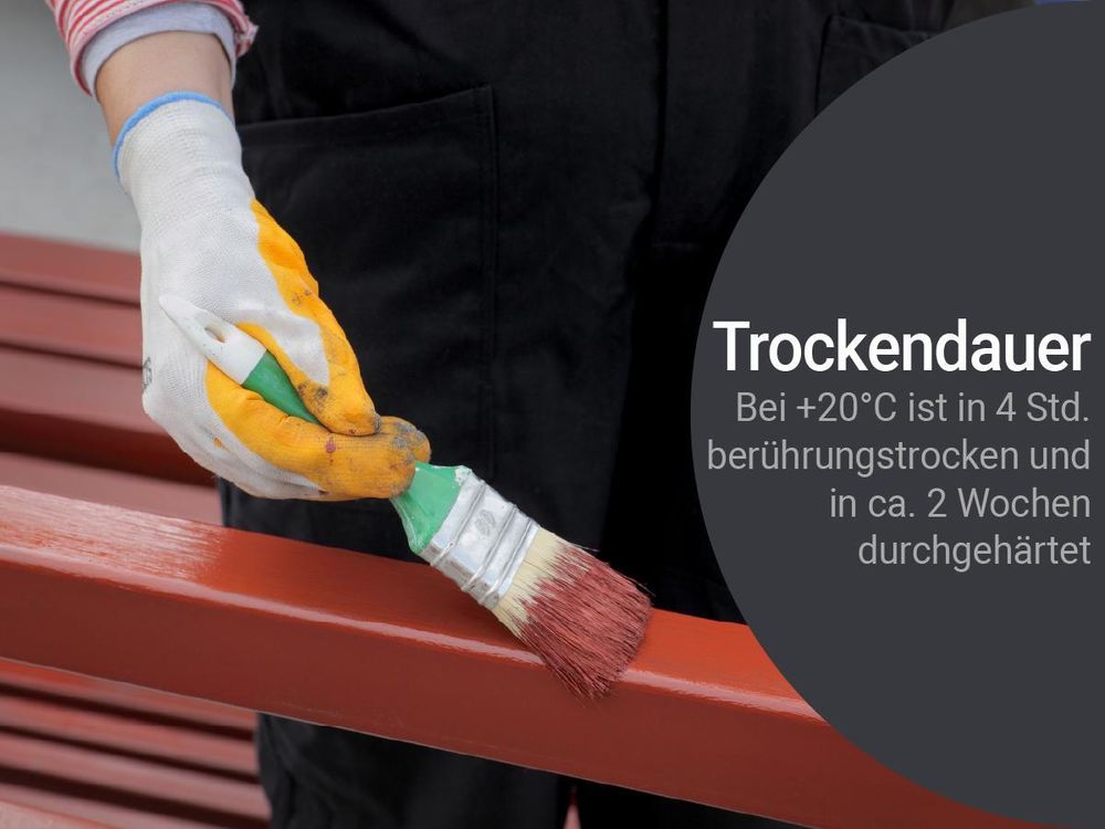 Rotlack auf Metall – trocknet bei +20 °C in 4 Stunden berührungstrocken.