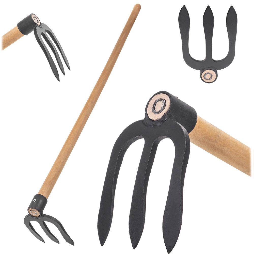 KADAX Kartoffelhacke mit 3 Zinken und langem Holzstiel, Gartenhacke aus geschmiedetem Stahl, Dunghacke für Gartenarbeit, Hacke für Garten, mit Stiel