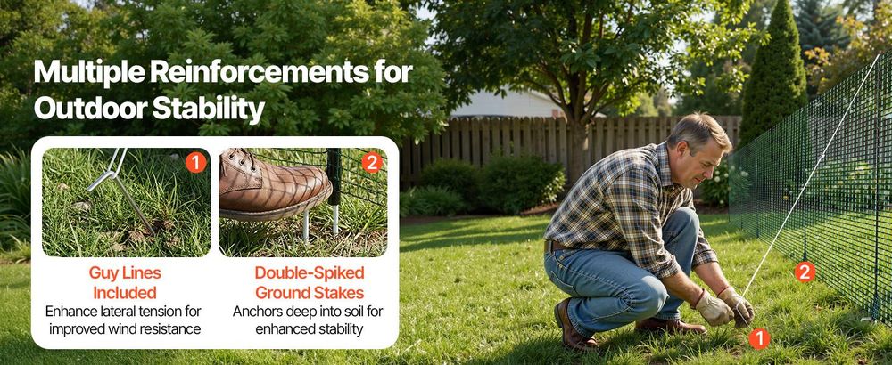 VEVOR Begrenzungszaun 15x0,9 m, Weidezaun aus PE, Mobiler Hundezaun mit Doppelspitzenpfählen & Abspannseilen, Hühnerzaun, Gartenzaun, Campingzaun für Hunde, Hühner, Pflanzen, Außenbereiche