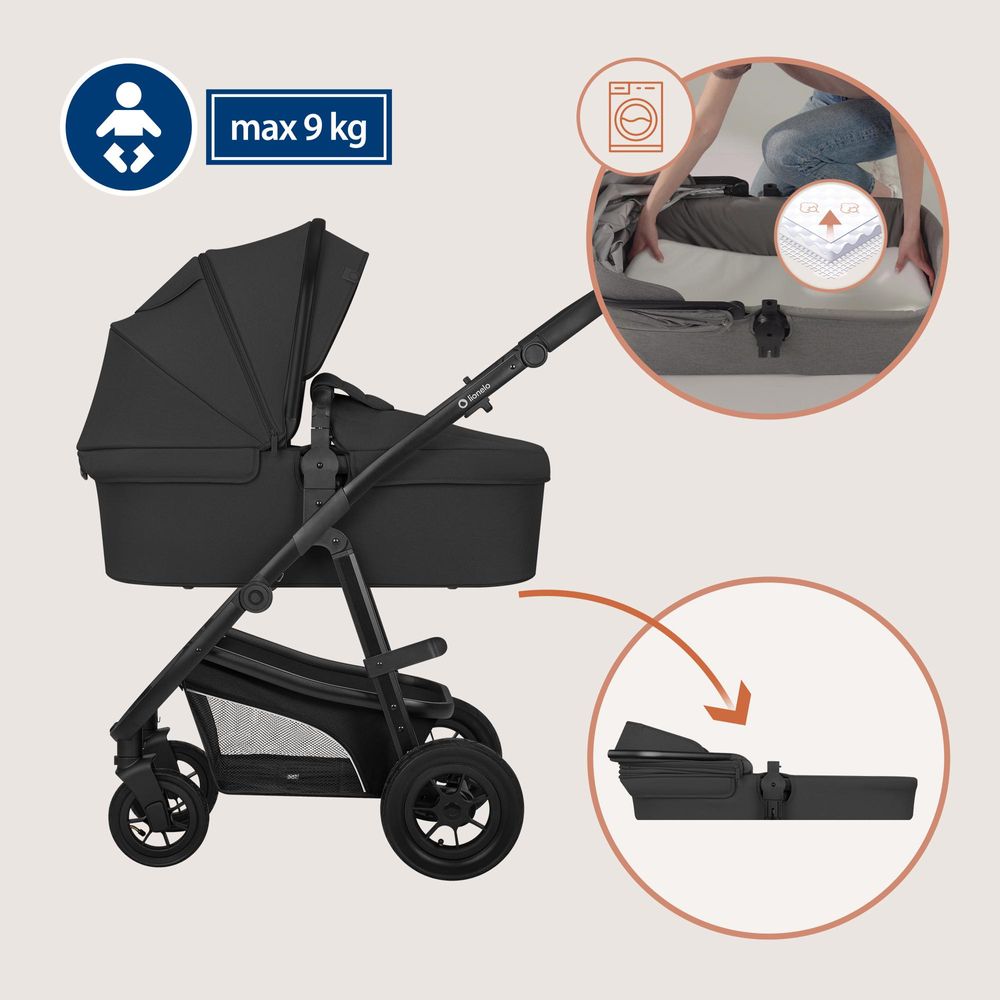 Lionelo Bianka 3in1 Kinderwagen, Autotransporter, Autositz, klappbar, Travel System Rückenlehne verstellbar 360o Räder Polsterung, Verdeck XXL-Schwarz