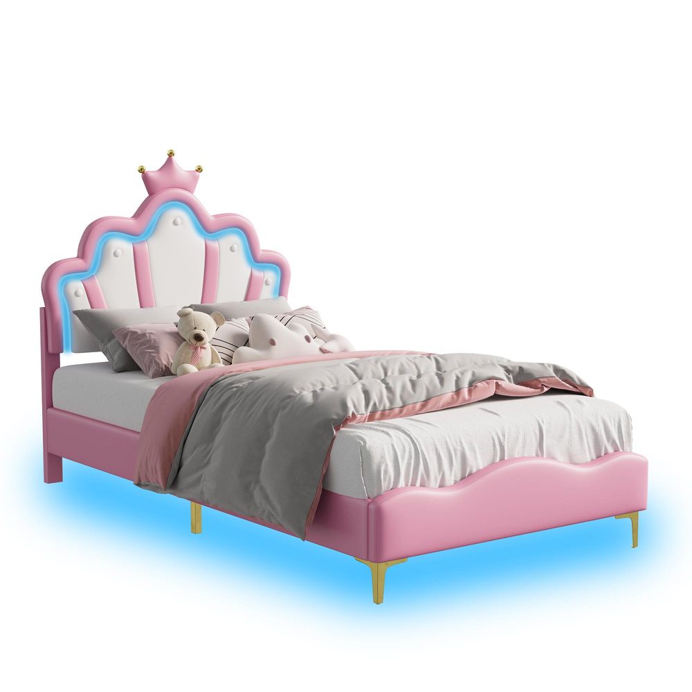 Kinderbett Polsterbett 90x200 cm, Prinzessin Einzelbett mit LED-Beleuchtung, Mädchen Jugendbett mit Kronen-Design und verstellbarem Kopfteil, PolyurethanRosa